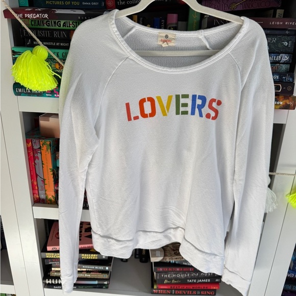 Sundry White Knit LOVERS rainbows graphic pullover long sleeve Top sweatshirt - Picture 1 of 5